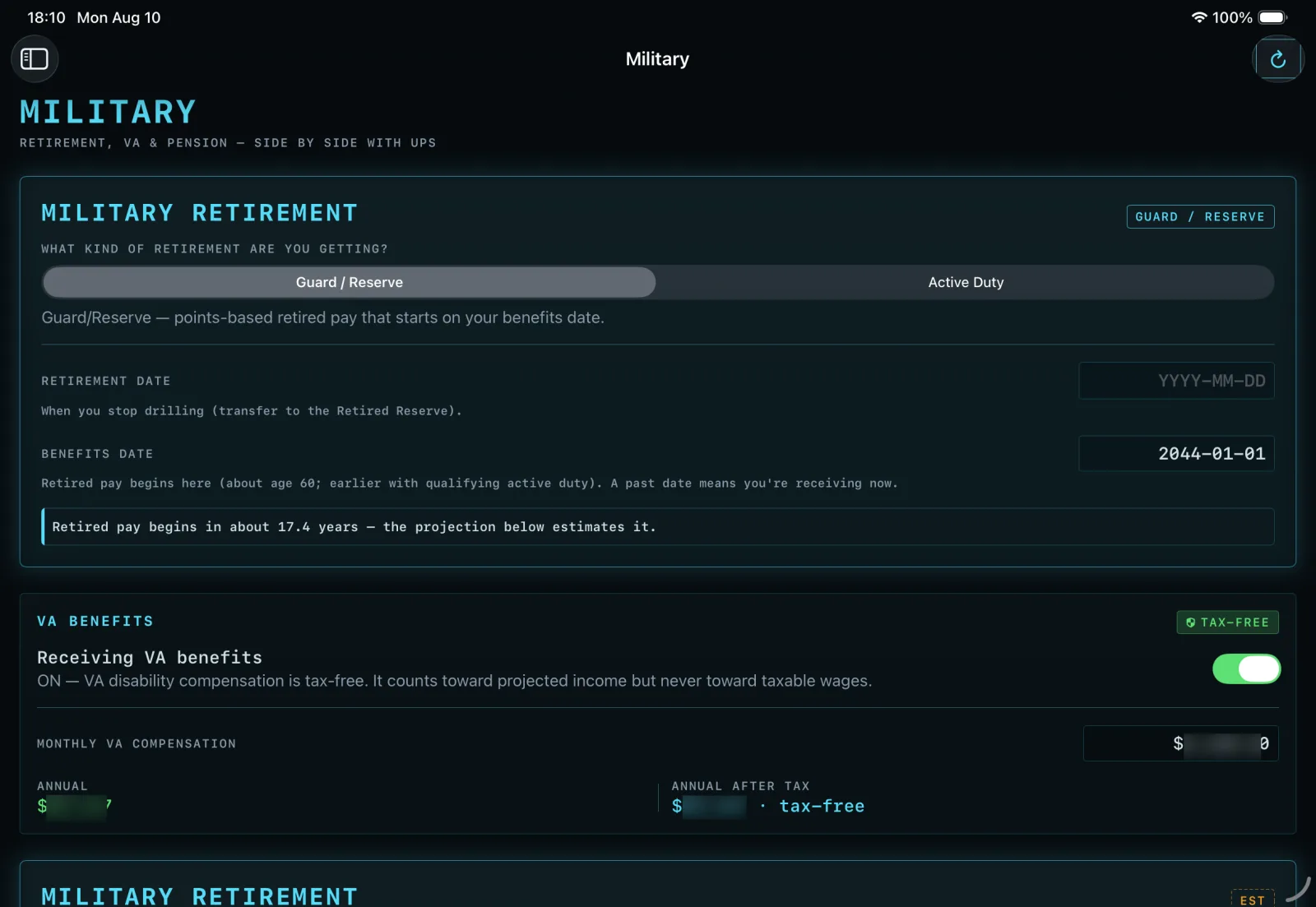 CrewCalc Military: Guard and Reserve retirement settings with benefits date and time until retired pay begins. The VA benefits panel is redacted.