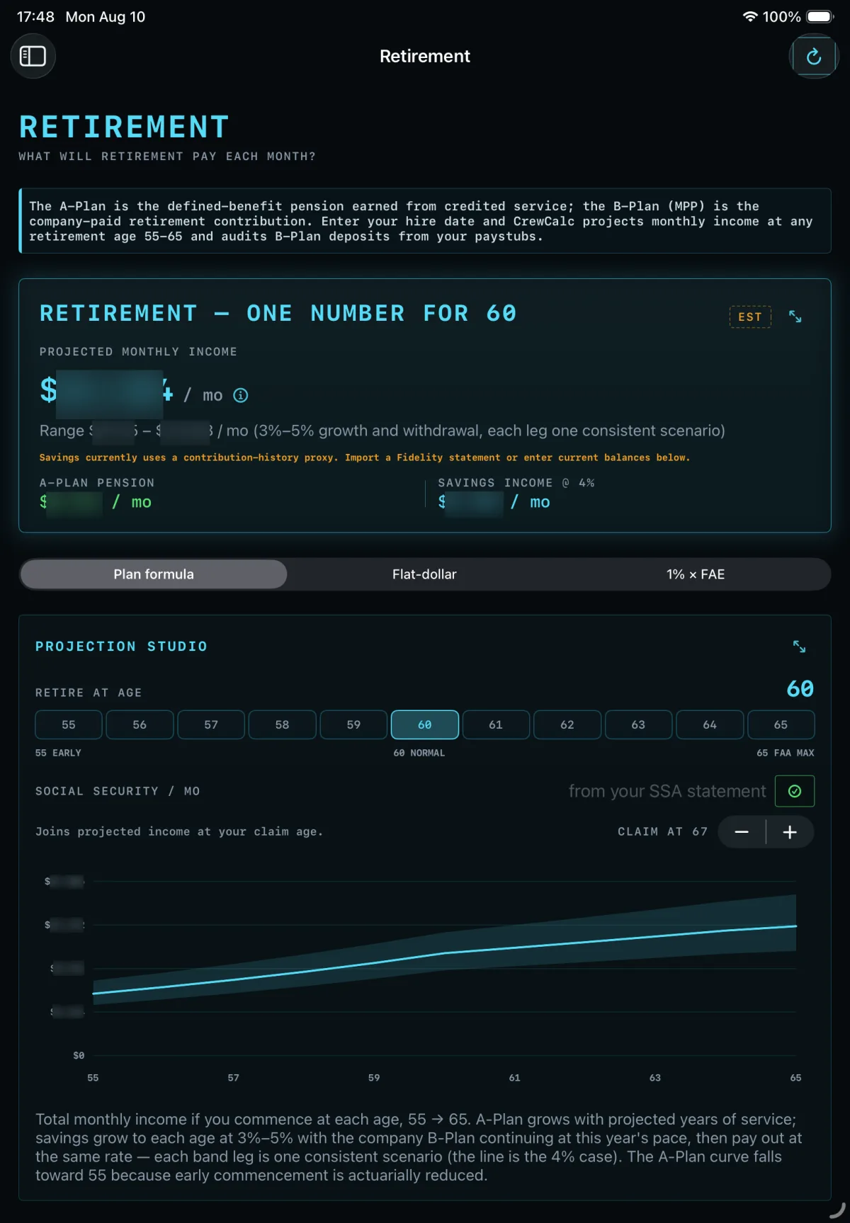 CrewCalc Retirement: projected monthly income with a range, the pension and savings legs separated, and a projection studio across retirement ages 55 to 65