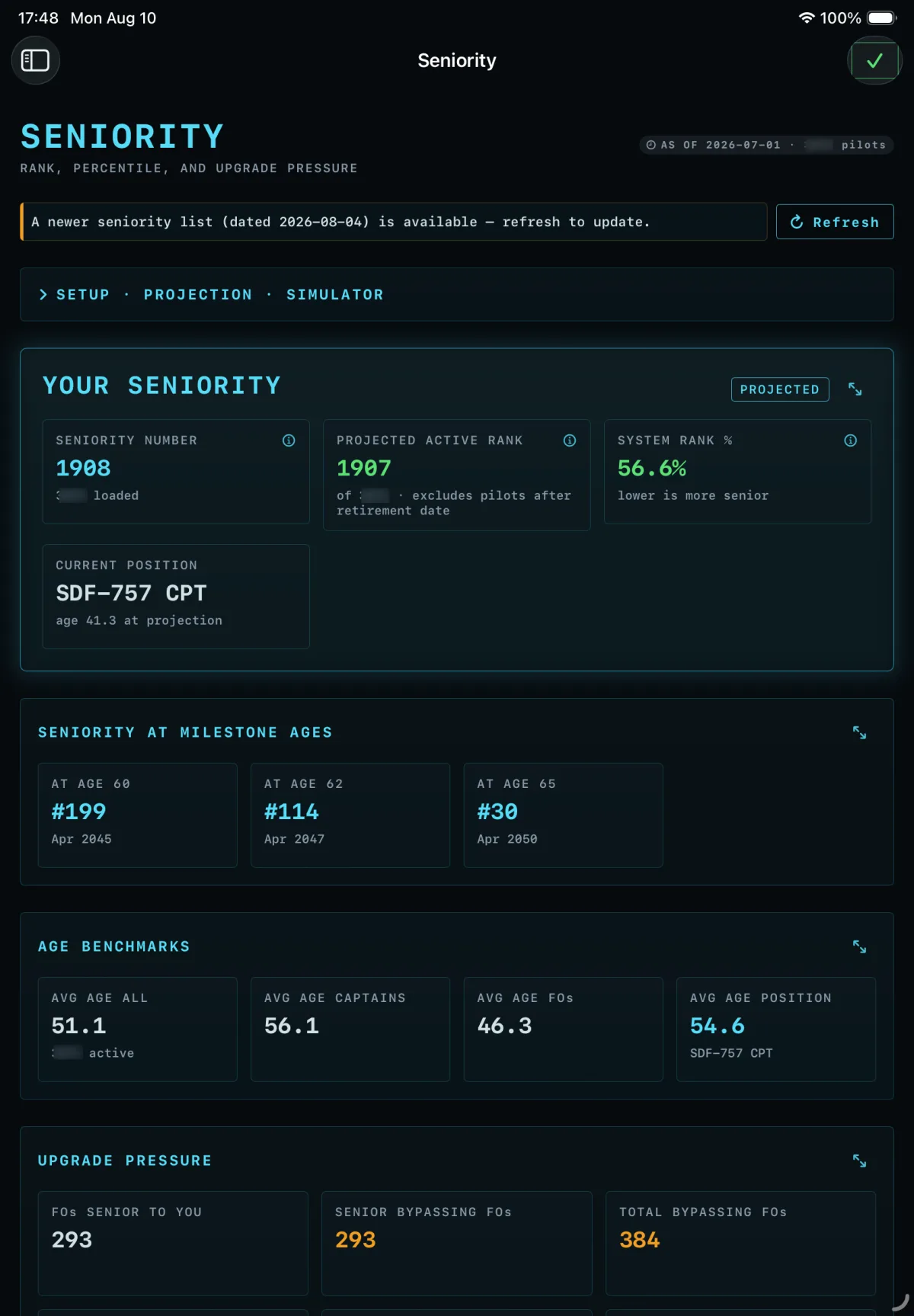 CrewCalc Seniority: seniority number, system rank percentile, projected rank at ages 60, 62 and 65, and age benchmarks