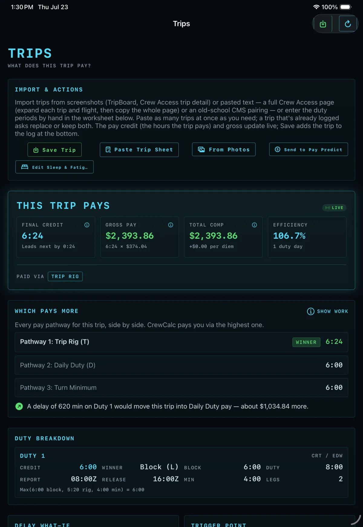 CrewCalc Trips screen pricing a trip: final credit 6:24, gross pay $2,393.86, and three pay pathways compared side by side with the winner marked